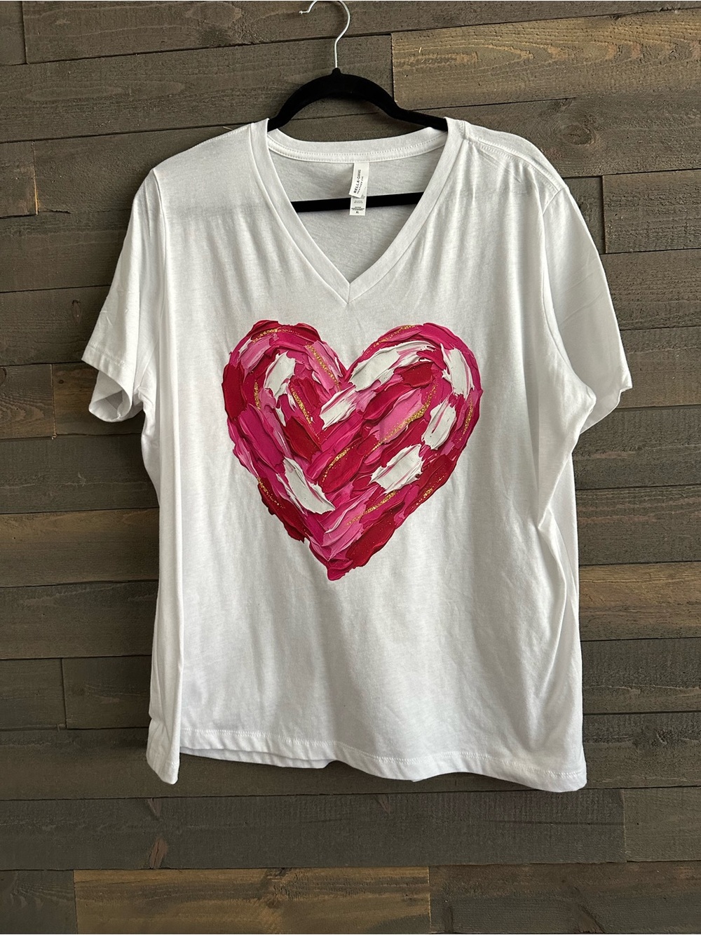 Bella Canvas White V-Neck Tee with Pink Heart Brushstroke Graphic